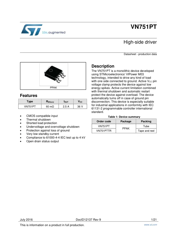 VN751PT, IC: power switch; high-side; 2.5A; Ch: 1; SMD; PPAK; tube; -40?125°C - Переключатели распределения питания, драйверы нагрузки файл 1