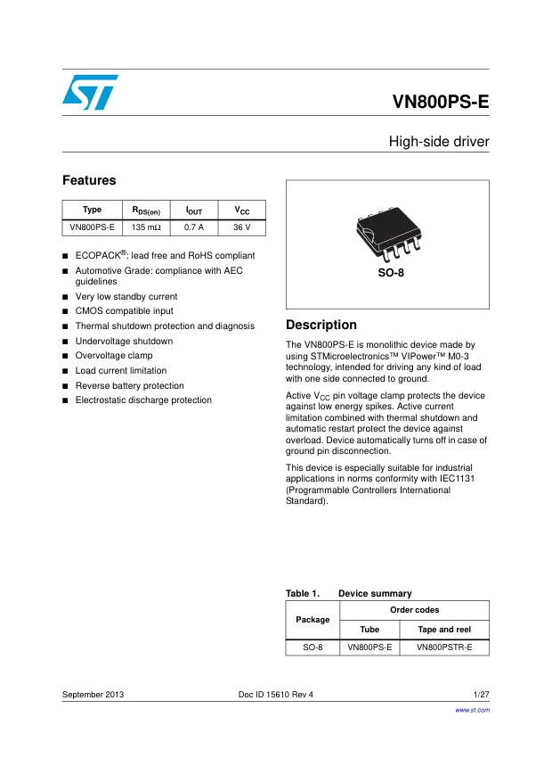 VN800PSTR-E, Current Limit SW 1-IN 1-OUT to 2A Automotive AEC-Q100 8-Pin SO N T/R - Переключатели распределения питания, драйверы нагрузки файл 1