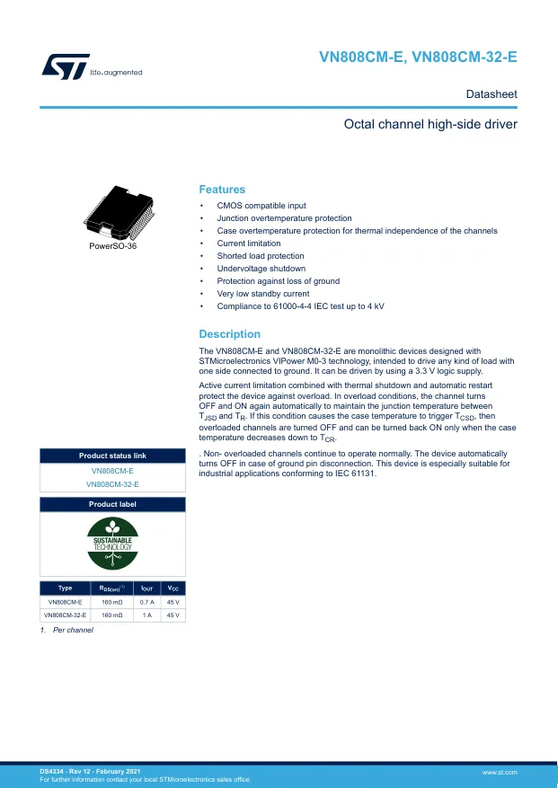 VN808CMTR-E, Current Limit SW 8-IN 8-OUT to 5.5V 1.7A 36-Pin PowerSO T/R - Переключатели распределения питания, драйверы нагрузки файл 1