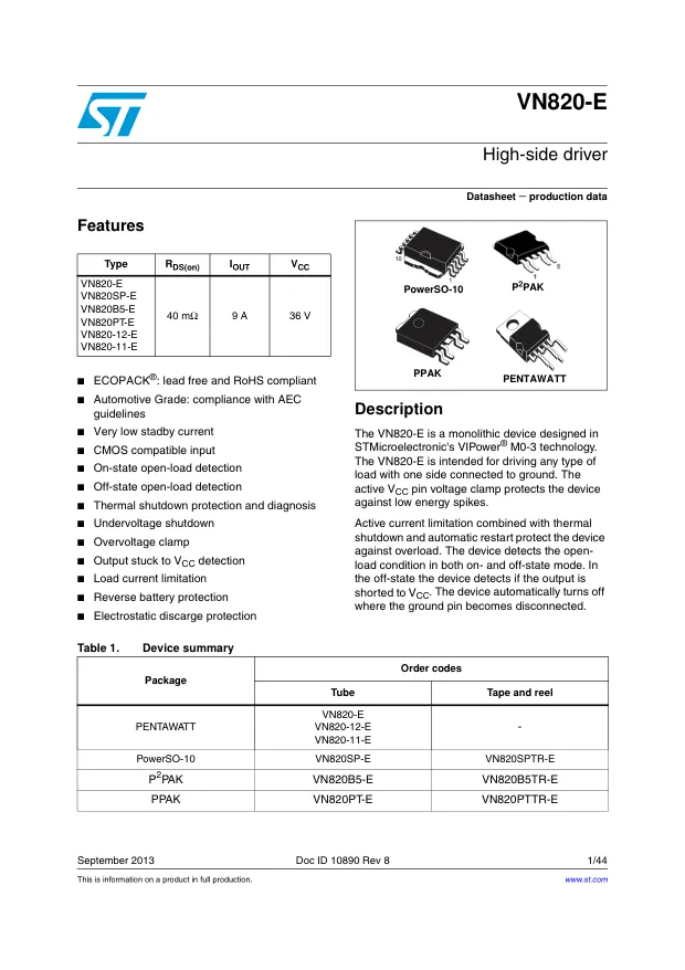 VN820B5TR-E,Power Load Distribution Switch, High Side, 13 V Input, 13 A, 0.04 ohm, 1 Output, P2PAK-5 - Переключатели распределения питания, драйверы нагрузки файл 1