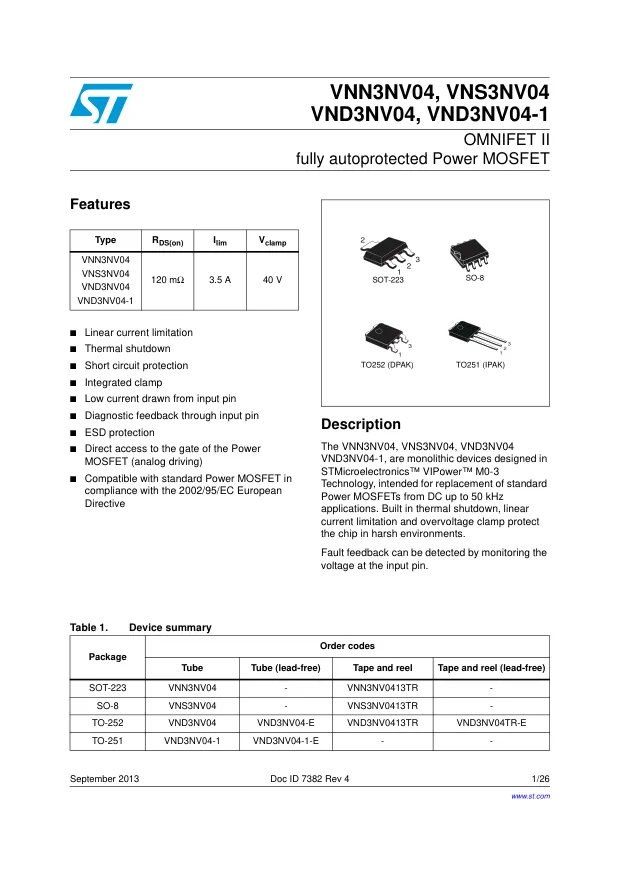 VND3NV04TR-E, Power Switch ICs - Power Distribution N-Ch 40V 3.5A Omni - Переключатели распределения питания, драйверы нагрузки файл 1