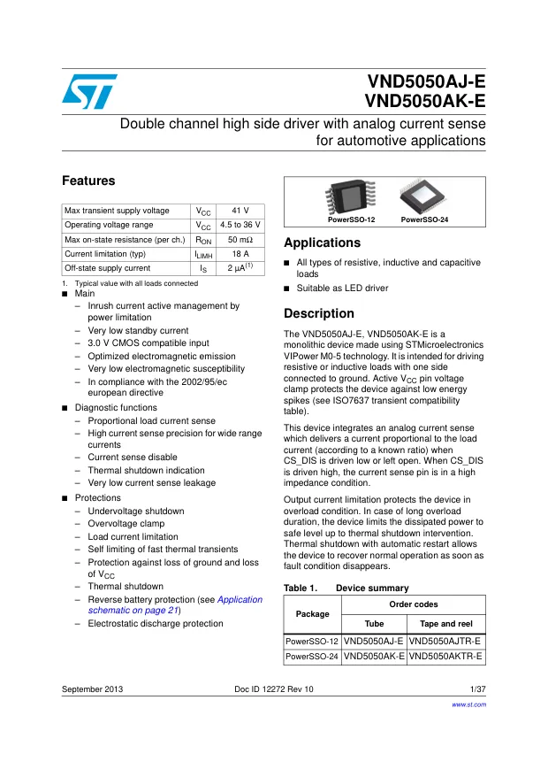 VND5050AJTR-E, Current Limit SW 2-IN 2-OUT to 24A 12-Pin PowerSSO EP T/R Automotive AEC-Q100 - Переключатели распределения питания, драйверы нагрузки файл 1