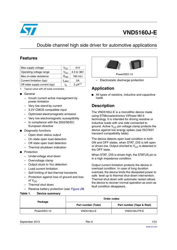 VND5160JTR-E, Current Limit SW 2-IN 2-OUT to 7.5A Automotive AEC-Q100 12-Pin PowerSSO EP T/R - Переключатели распределения питания, драйверы нагрузки файл 1