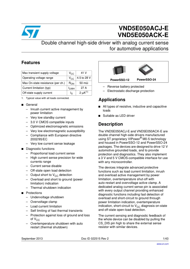 VND5E050ACJTR-E, Power Switch ICs - Power Distribution Double CH High-Side 41V 50mOhm 27A - Переключатели распределения питания, драйверы нагрузки файл 1
