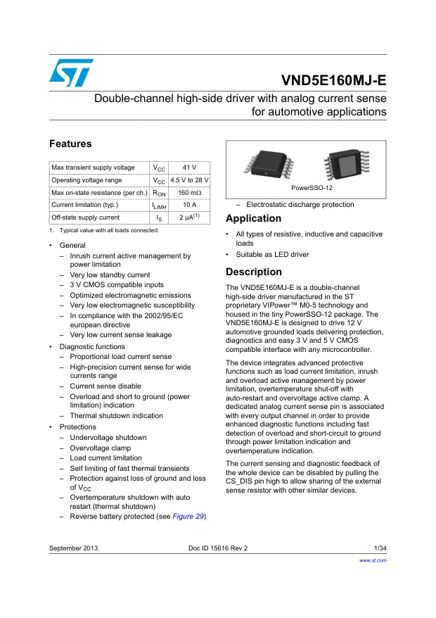 VND5E160MJTR-E, Power Switch ICs - Power Distribution DBLE CH HI-SIDE DRVR W/ANALOG CRRNT SNSE - Переключатели распределения питания, драйверы нагрузки файл 1