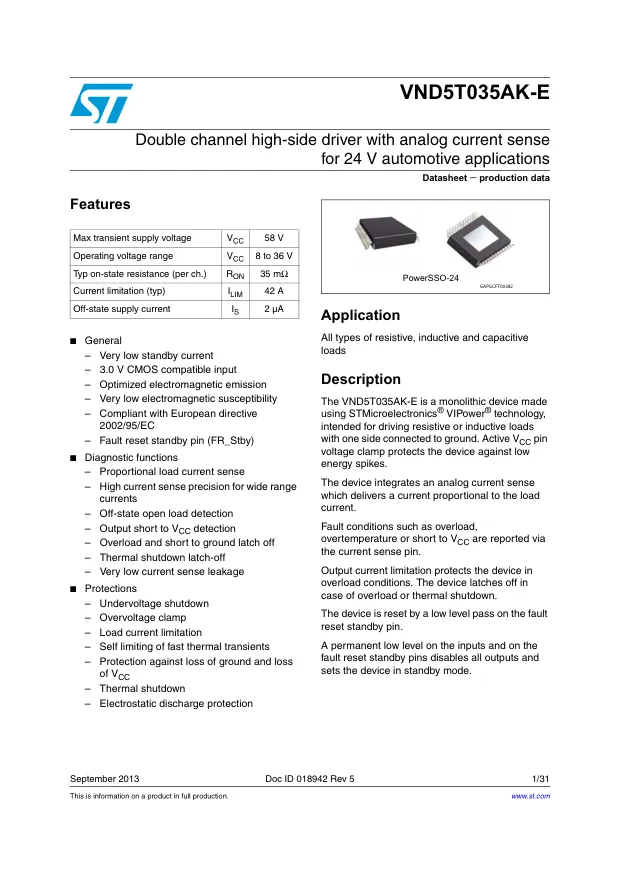 VND5T035AKTR-E, Current Limit SW 2-IN 2-OUT to 55A Automotive 24-Pin PowerSSO EP T/R - Переключатели распределения питания, драйверы нагрузки файл 1
