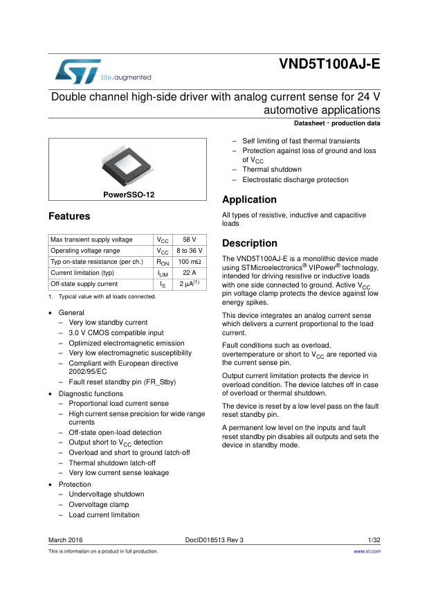 VND5T100AJTR-E, Current Limit SW 2-IN 2-OUT to 30A 12-Pin PowerSSO EP T/R Automotive AEC-Q100 - Переключатели распределения питания, драйверы нагрузки файл 1