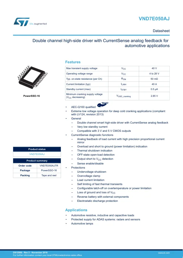 VND7E050AJTR, Power Switch ICs - Power Distribution Double-channel HSD with Current Sense analog feedback - Переключатели распределения питания, драйверы нагрузки файл 1