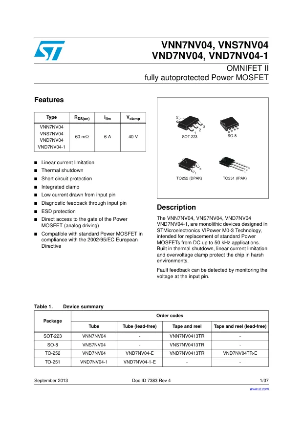 VND7NV04TR-E, Current Limit SW 1-IN 1-OUT to 12A 3-Pin(2+Tab) DPAK T/R Automotive AEC-Q100 - Переключатели распределения питания, драйверы нагрузки файл 1