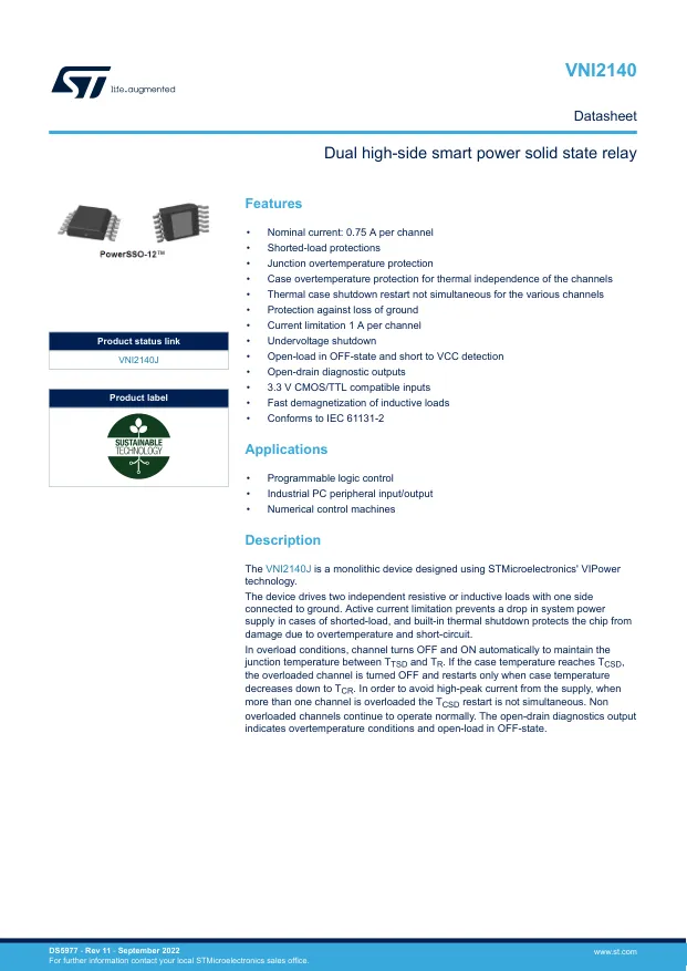 VNI2140JTR,Relay Driver, 9V to 45V Supply, 500mA Out, PowerSSO-12 - Переключатели распределения питания, драйверы нагрузки файл 1