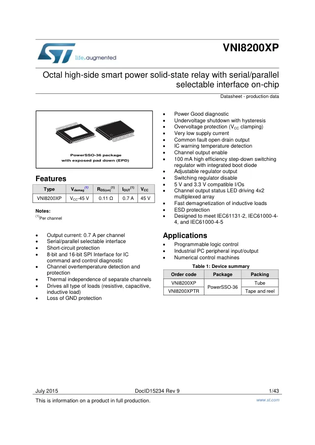 VNI8200XPTR, Current Limit SW 8-IN 8-OUT to 1.7A 36-Pin PowerSSO EP T/R - Переключатели распределения питания, драйверы нагрузки файл 1