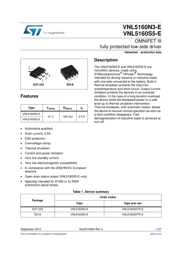 VNL5160N3TR-E, Current Limit SW 1-IN 1-OUT to 7.5A Automotive AEC-Q100 4-Pin(3+Tab) SOT-223 T/R - Переключатели распределения питания, драйверы нагрузки файл 1