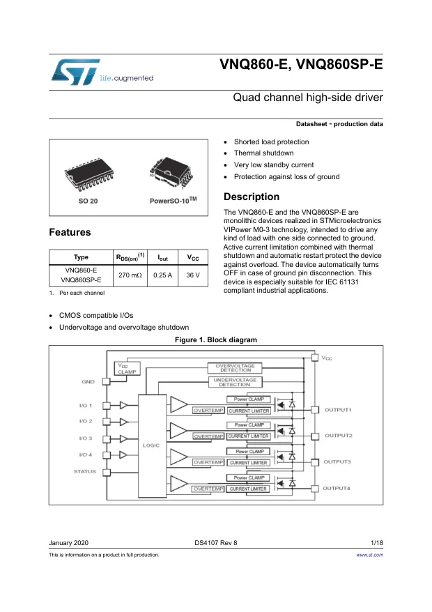 VNQ860SP-E, IC: power switch; high-side; 250mA; Ch: 4; SMD; PowerSO10; tube - Переключатели распределения питания, драйверы нагрузки файл 1
