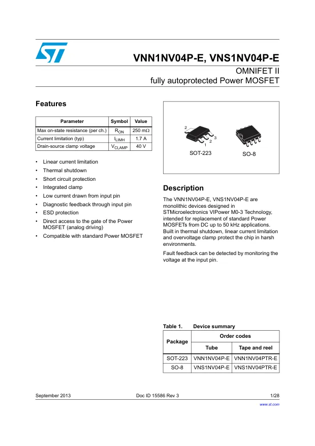 VNS1NV04PTR-E, Gate Drivers OMNIFET POWER MOSFET 40V 1.7 A - Переключатели распределения питания, драйверы нагрузки файл 1