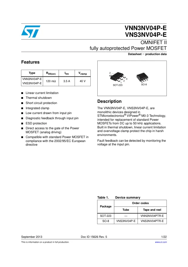 VNS3NV04PTR-E, Gate Drivers OMNIFET II VIPower 35mOhm 12A 40V - Переключатели распределения питания, драйверы нагрузки файл 1