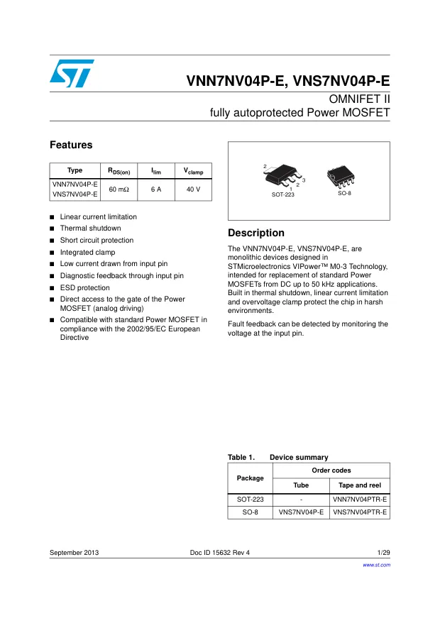 VNS7NV04PTR-E, Gate Drivers OMNIFET II VIPower 60mOhm 6A 40V - Переключатели распределения питания, драйверы нагрузки файл 1