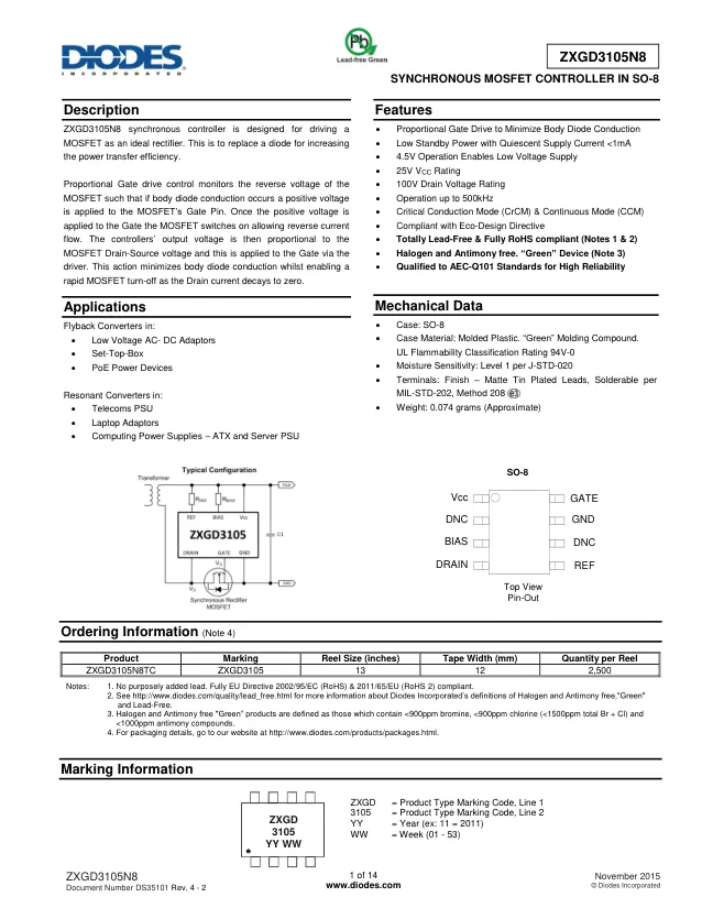 ZXGD3105N8TC, Gate Drivers Synch MOSFET Control SO-8 T&R 2.5K - Переключатели распределения питания, драйверы нагрузки файл 1