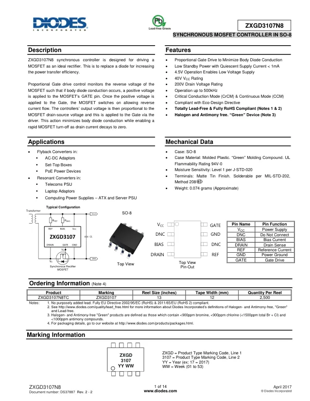 ZXGD3107N8TC, Gate Drivers Synch FET Controller 4.5V 40Vcc 500kHz - Переключатели распределения питания, драйверы нагрузки файл 1