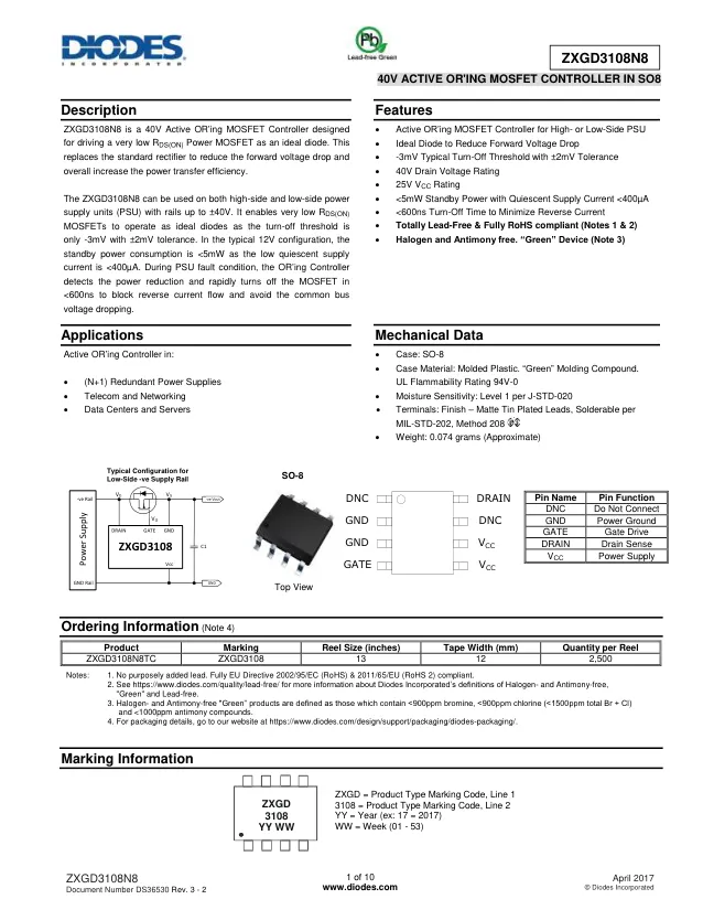 ZXGD3108N8TC, Gate Drivers 40V Active OR-ING FET CTRL 25Vcc - Переключатели распределения питания, драйверы нагрузки файл 1