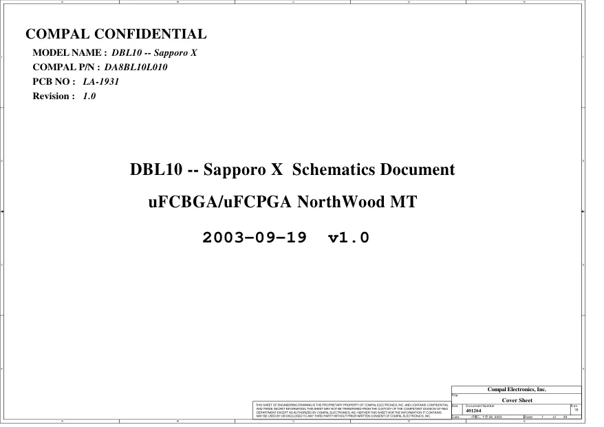 Схема - Материнская плата Compal Electronics, Inc. LA-1931 (DBL10 - Sapporo X)