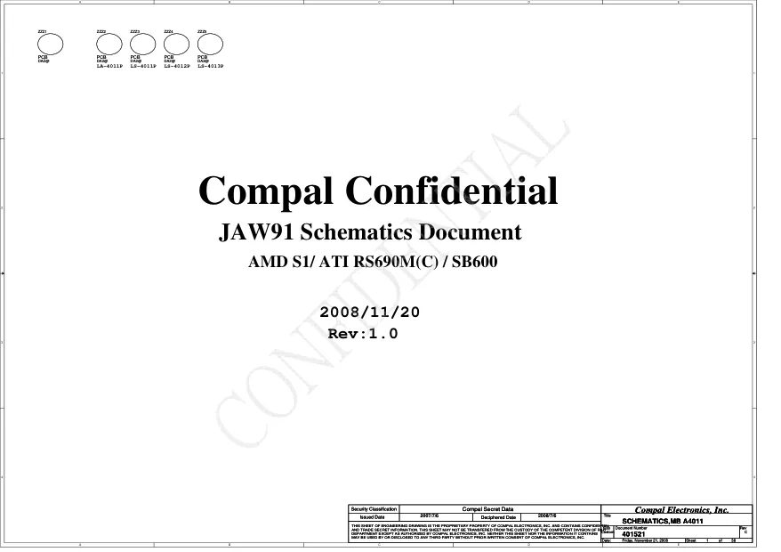 Схема - Материнская плата Compal Electronics, Inc. LA-4011P (JAW91)