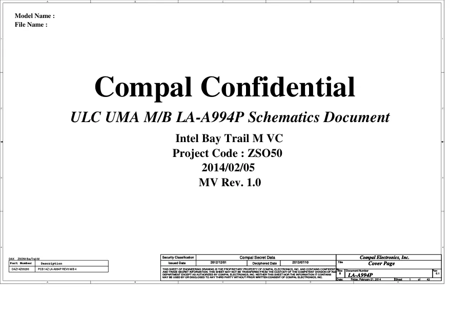 Схема - Материнская плата Compal Electronics, Inc. LA-A994p