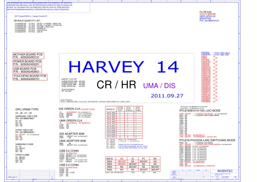 Схема - Материнская плата Inventec Corporation HARVEY 14 UMA/DIS
