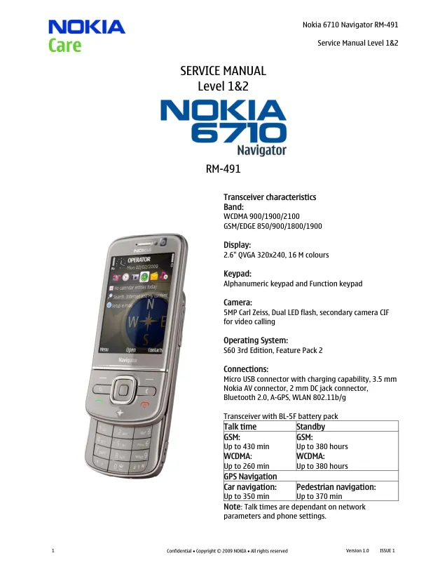 Руководство по обслуживанию (Service manual L1&L2) - Мобильный телефон Nokia Corporation 6710 navigator (RM-491)
