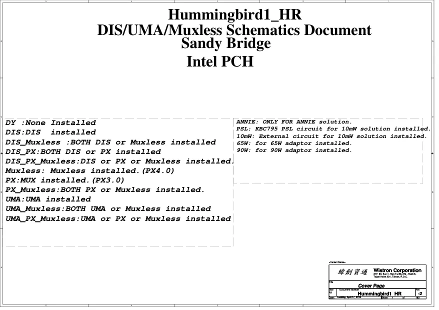 Схема - Материнская плата Wistron Corporation Hummingbird1_HR